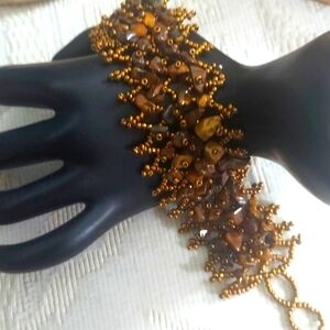 Handcrafted Woven Beaded Brown Amber Tigers Eye Glass Lattice Mesh Bracelet